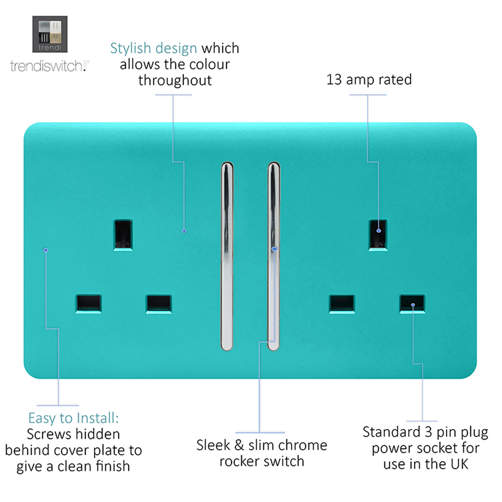 2 Gang 13Amp Long Switched Double Socket Bright Teal ART-SKT213LBT  Trendi Bright Teal